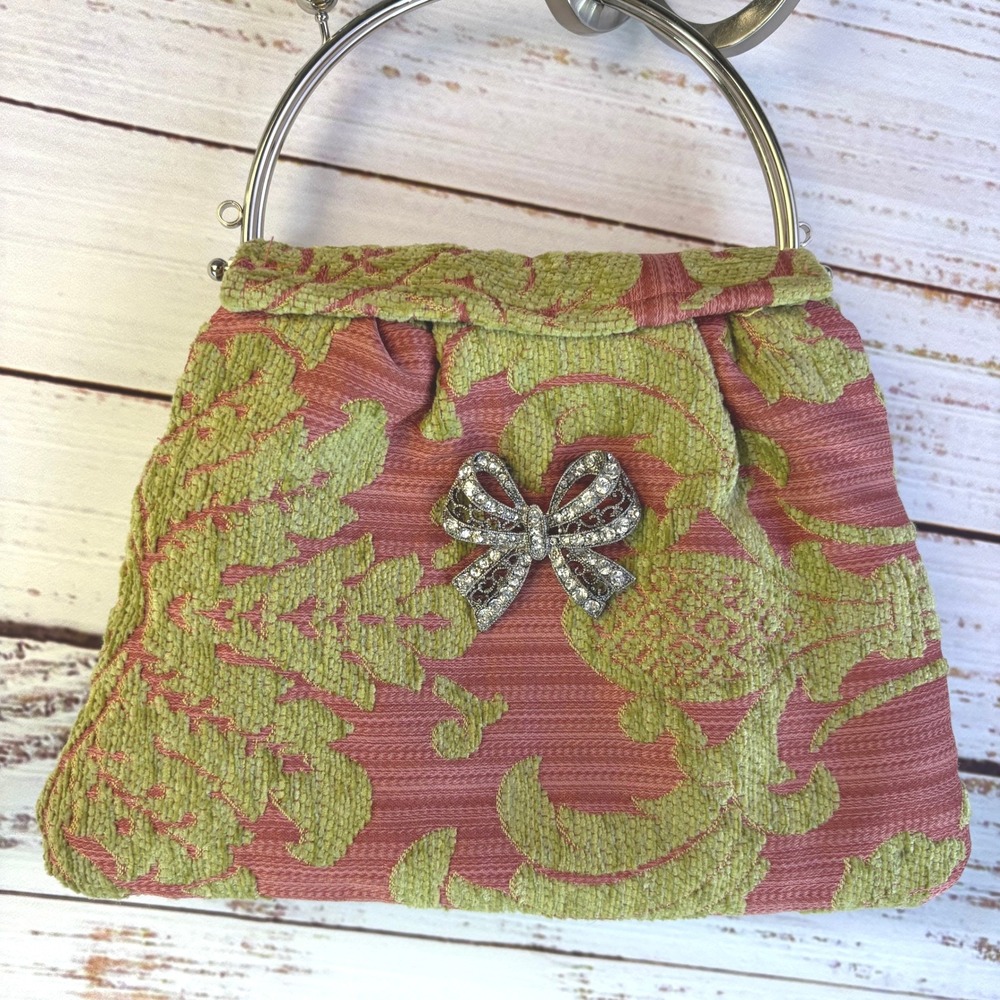 Vintage Kiss-Lock Purse S Pink Green Chenille Damask Rhinestone Bow Coquette Bag - Picture 13 of 13